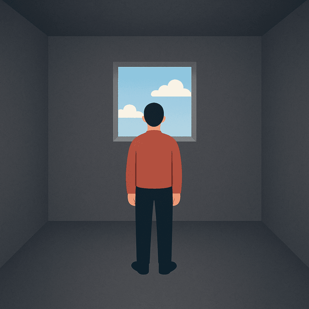 Person looking out a single window